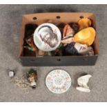 A box of assorted ceramics to include Belleek, Carlton Ware and selection of novelty lamps.