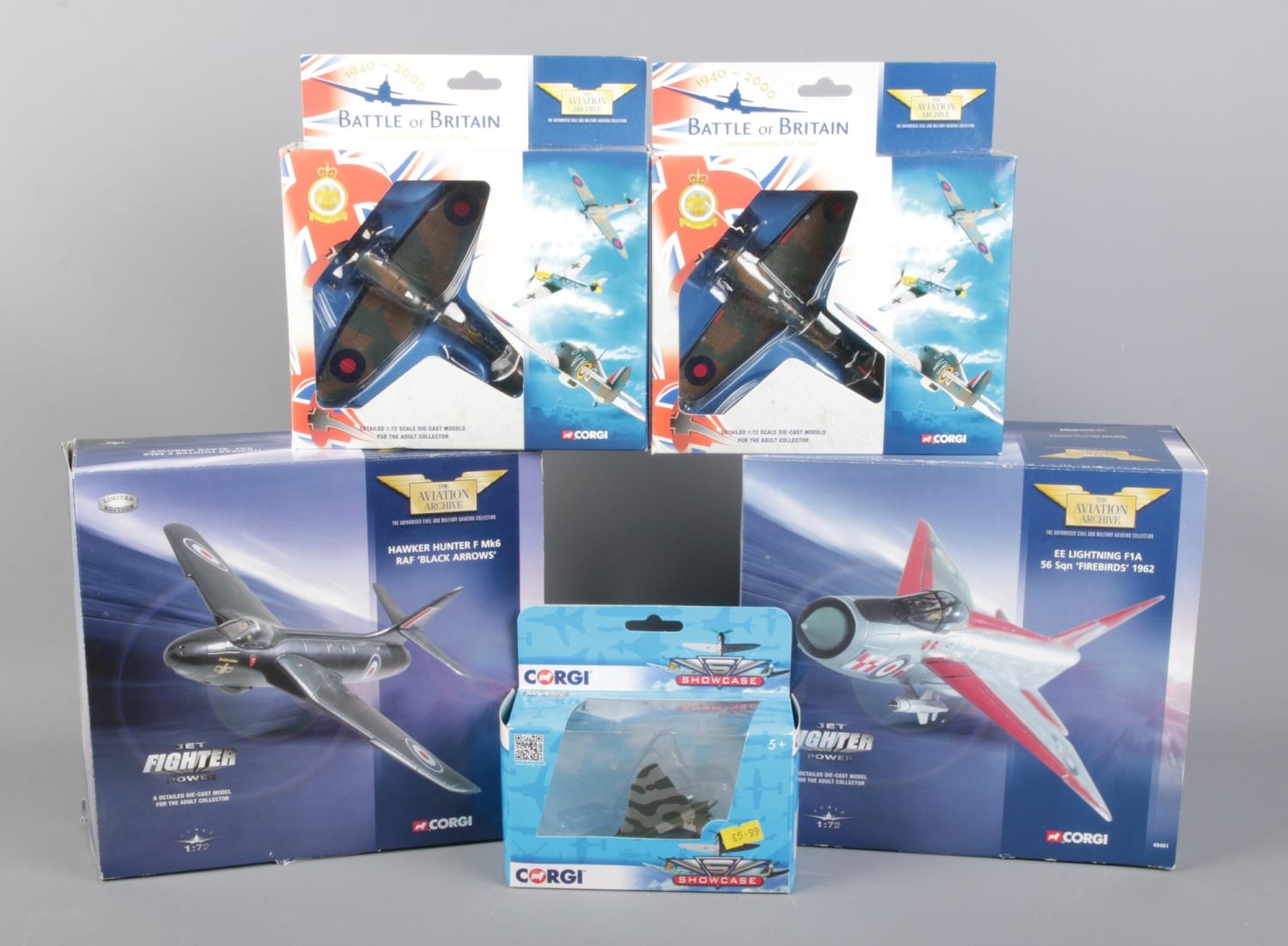 Five boxed Corgi die-cast aircraft. To include 49802 and 49401 Jet Fighter Power and 49001 and 49101