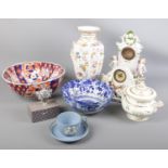 A quantity of ceramics. Including Imari bowl, oriental blue & white bowl, mantel clocks, Vase of One
