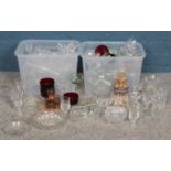 Three large boxes of assorted glassware. Cut, etched and coloured examples of wine glasses and