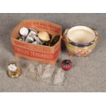 A box of miscellaneous to include Torsion Clock, Lilliput Lane Figures and several Sylvac jars.