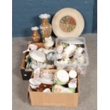 Three boxes of assorted ceramics including large oriental vases, large figure and Royal Tuscan tea