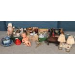 Four boxes of miscellaneous. Including Victoria Ironstone blue & white wash jug & bowl, enamelled