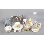 A box of miscellaneous including Brambly Hedge Snow Globe (Summer), glass decanters and