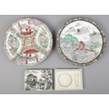 Two Chinese plates and an unusual ceramic box. One plate decorated with landscape with mountains,