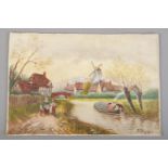 J.Caseldine, unframed watercolour depicting Dutch river scene with figures and windmill. Dated 1930.