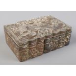 A Chinese small silver plated hinged box. Depicting flowers and oriental scene. (3cm x 9cm x 6cm)