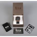 A new and boxed Reign Asher Automatic leather-band wristwatch. With certificate of authenticity,