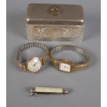 Two Ladies wrist watches along with a London Airport keychain knife and a glass trinket box.