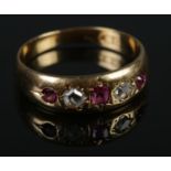 A Victorian 18ct gold Ruby & Diamond five stone ring. Size I. 2.42g.