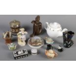 A quantity of ceramics. Including Doulton Lambeth tobacco jar, Wedgwood, figure, trinkets, etc.