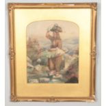 A 19th century gilt framed watercolour, depicting a maiden carrying baskets of crops over stepping