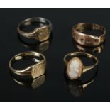 Three 9ct gold rings along with a 9ct gold and silver example. Including 9ct gold signet ring