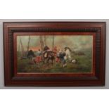 A framed oil on board, scene with wounded Napoleonic French cavalry. Unsigned. 29cm x 58cm.