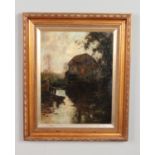 A 19th century gilt framed oil on canvas, Dutch scene with a female figure by the river. Unsigned.