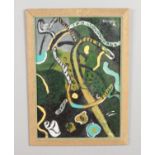 A framed abstract oil on board, signed Sutherland and dated 1939. 49cm x 34cm.