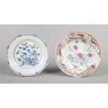 A 19th century Chinese famille rose dish along with a Chinese plate decorated in underglaze blue.