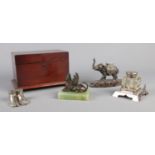 A quantity of collectables, to include two section tea caddy, elephant desk lighter on marble