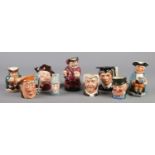 Nine ceramic character jugs. Includes Royal Doulton examples; The Graduate, Honest Measure, Falstaff