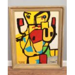 In the style of Karel Appel (1921-2006), a framed oil on canvas, abstract portrait. Titled bottom