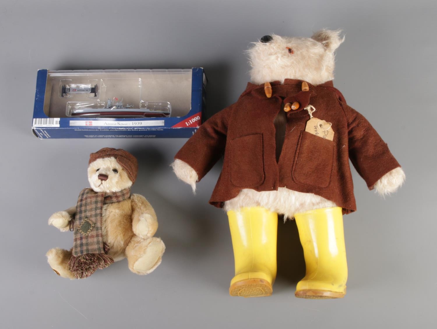 A 1970's Paddington teddy bear, Franklin Mint Heirloom teddy and the Admiral Scheer diecast model