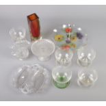 A quantity of glassware including vase, floral cake stand, jug and assorted glasses.