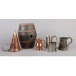 A Victorian costrel/bevy barrel along with a collection of antique breweriana. Includes copper ale