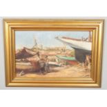 R Bolliand, a gilt framed oil on canvas, dock yard scene with a worker to the foreground. 26cm x