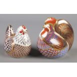 Two Royal Crown Derby paperweights, Cockerel and Hen. Gold stoppers.