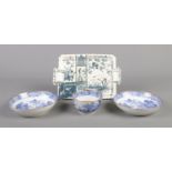 A Forester and Hulme transfer printed tray along with a blue and white tea bowl and two saucers,