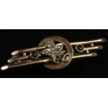 A 9ct gold sapphire and seed pearl triple bar brooch. 2.68g.