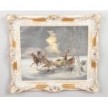 After Jan Wolski, a large framed oil on canvas, winter landscape with wolves in pursuit of a Troika.