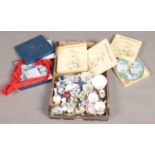 A box of miscellaneous ceramics. Includes Royal Albert, oriental cabinet plates, Delft, Wedgwood