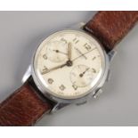 A gents stainless steel Leonidas manual chronograph wristwatch. With box and original receipt date