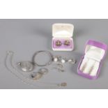 A quantity of silver jewellery. Including pearl earrings, 9ct and silver signet ring, locket,