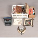 Two box of miscellaneous including typewriter, pewter tankards, Christmas lights, Rowntree's boxes