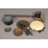A box of assorted metal wares including bed pan, cauldron, boxes and bowls.