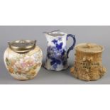 Three pieces of Victorian pottery. Includes a stoneware tobacco jar formed as a tree trunk, lidded