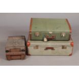 A pair of large vintage suitcases (closure broken on one case) and wooden carry crate with hinge