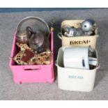 A quantity of assorted metal wares including enamel bread bin, decorative wall lights and quantity
