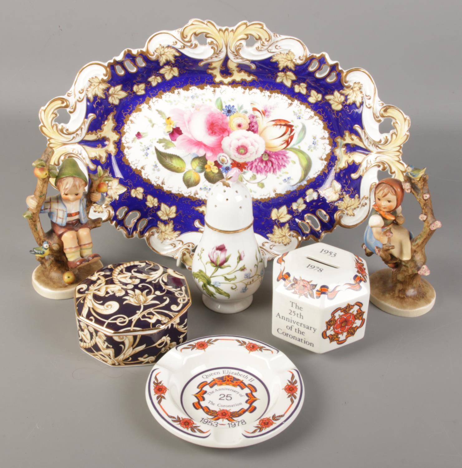 A collection of ceramics. Includes 19th century hand painted dish, Goebel, Wedgwood etc. Two