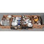 Four boxes of miscellaneous. Includes large Capodimonte figure, Crescent china, glass punch bowl set