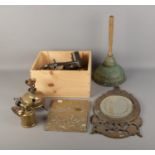 A quantity of assorted metal wares including selection of vintage tools, framed mirror and letter