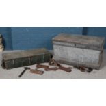 An engineers chest with contents of tools along with a vintage ammo crate.