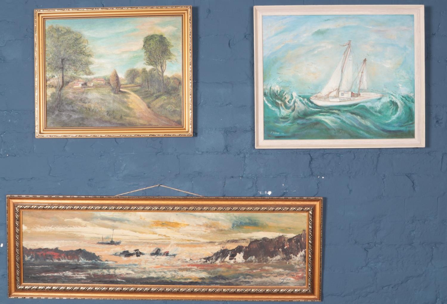 Three framed oil on canvas. Including P.Wilmot seascape with boat, etc.