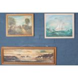 Three framed oil on canvas. Including P.Wilmot seascape with boat, etc.