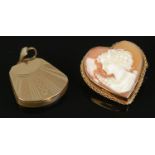A 9ct Gold heart-shaped cameo brooch, together with a 9ct Gold front and back locket. Total
