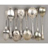 Four pairs of EPNS and silver plated berry spoons and salad servers. To include Italian examples.