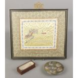 A framed Chinese silk along with a Dansk metal dish and doll's house bath.