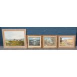 Four framed oil paintings, to include landscape scene featuring deer and seascape.